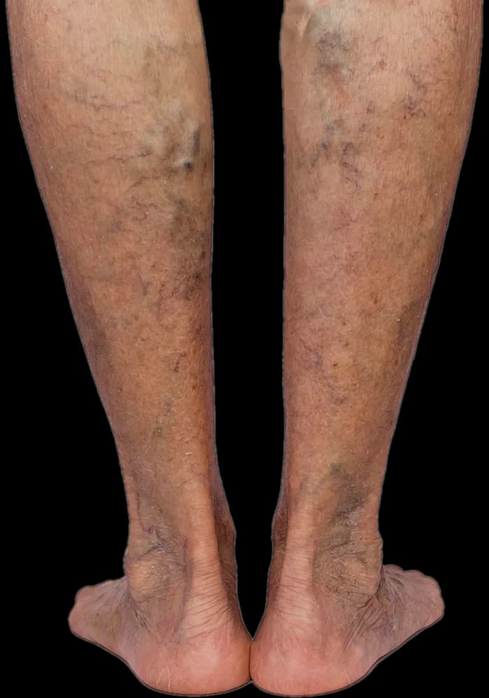 Clustered reticular veins spreading across both lower legs and ankles as venous pressure builds